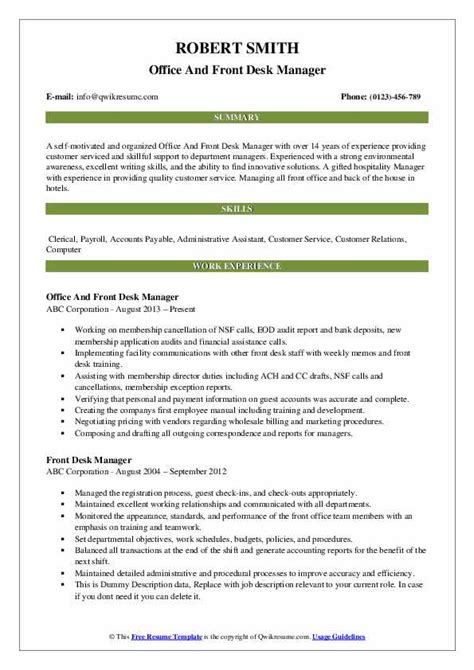 The help desk job description applies to the generic help desk and service desk job function and can easily be revised to suit your specific needs. Front Desk Manager Resume Samples | QwikResume