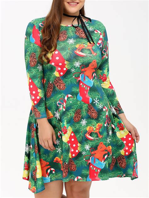 [17 Off] Plus Size Christmas Tree Print Party Dress Rosegal