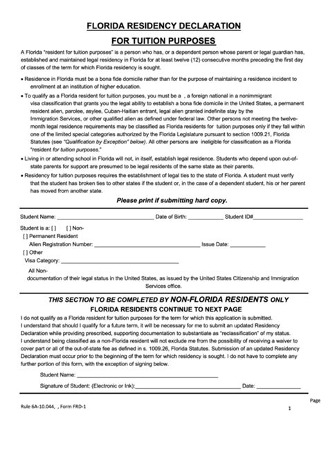 Form Frd 1 Florida Residency Declaration For Tuition Purposes Form