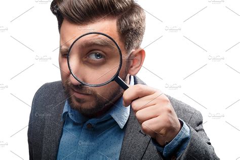 Man With Magnifying Glass On White Background High Quality People