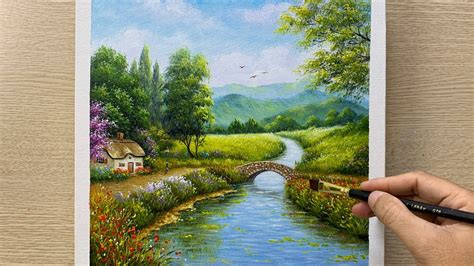 Daily Art 048 Acrylic The Peace Of The Countryside Painting Youtube