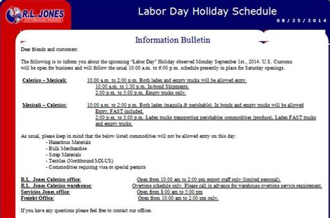 Labor Day Holiday Schedule Calexico Port Rl Jones Customhouse