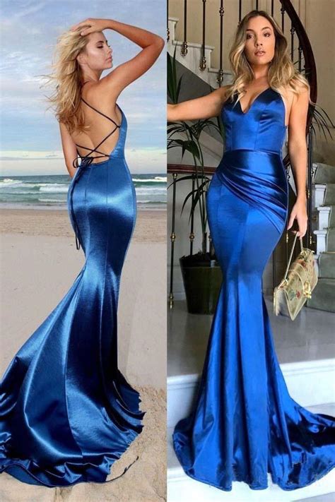 Royal Blue Satin Backless Long Mermaid Prom Formal Dresses Pg