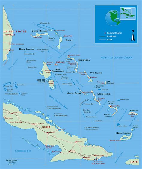 Подробная политическая карта Багамских островов с дорогами железными дорогами и крупными