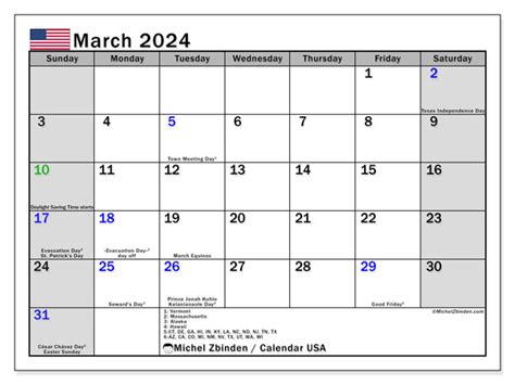 Calendar March 2024 Usa Michel Zbinden Us