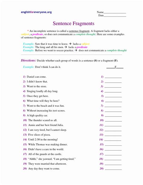 50 Sentence Or Fragment Worksheet