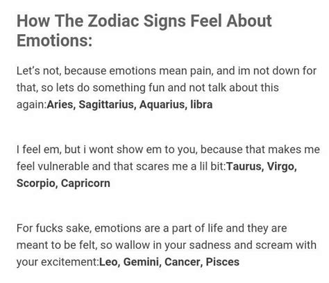 How The Zodiac Signs Feel About Emotions Zodiac Signs Zodiac Emotions