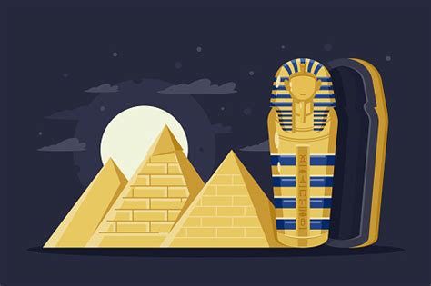 Flat Night Ancient Egypt With Pyramids Moon And Pharaoh S Sarcophagus