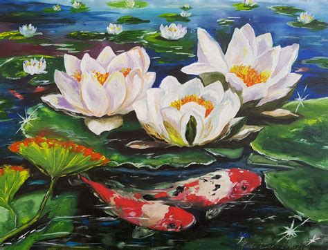 Koi Fish Painting Water Lily Original Lotus Painting Original Etsy
