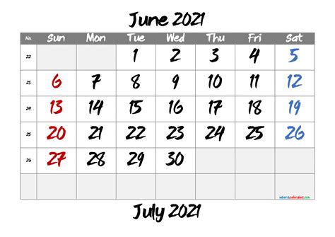 Printable June 2021 Calendar Free 6 Templates