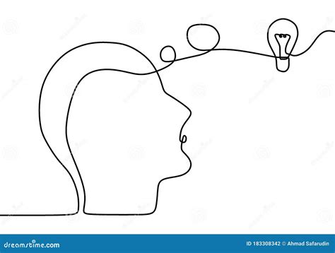 Continuous One Drawn Line Silhouette Of A Man Thinking With Light Bulb