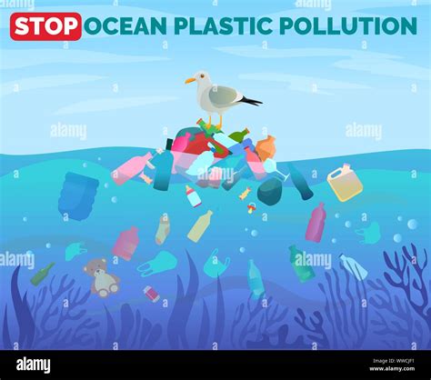 Stop Ocean Plastic Pollution Poster With Pile Of Garbage In Water Stock