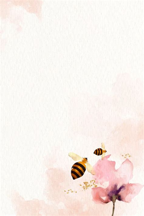 Watercolor Painting Of Two Bees Flying Over A Pink Flower With Beehive