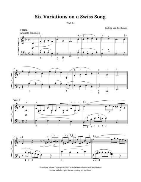 Six Variations On A Swiss Song Woo 64 By Ludwig Van Beethoven — Bowen
