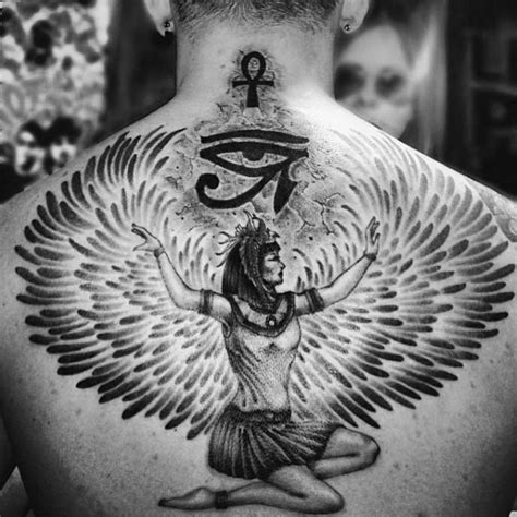 Large Black Ink Back Tattoo Of Egypt Goddess With Wings And Symbols Tattooimagesbiz