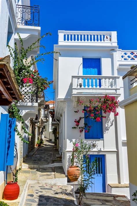 Beautiful Houses On A Narrow Street In Skopelos Old Town Greece Stock