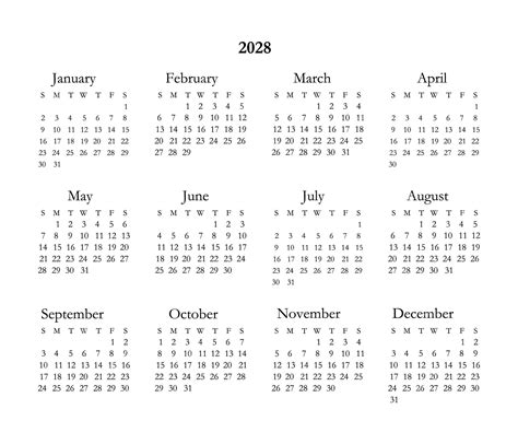 Calendario Sencillo 2028 Vector Premium