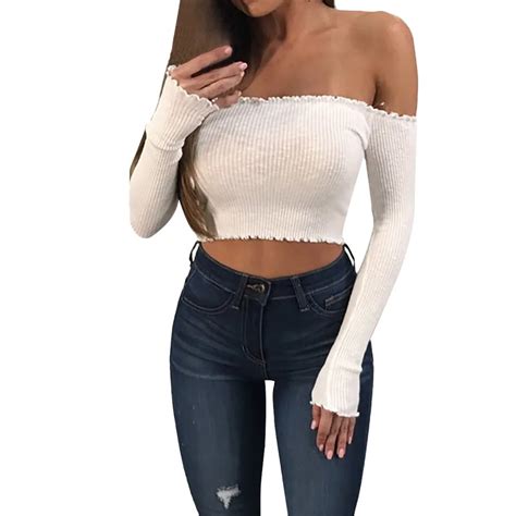 Women Off Shoulder Cropped Tight Short Sleeve Solid Tops Shirt Long Sleeve Tshirt Women Casual