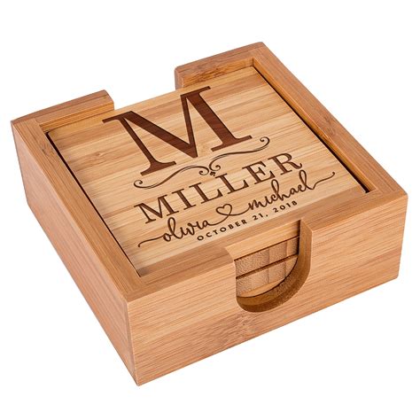 Coasters Personalized Set Of 4 Square Bamboo Custom Coaster Set With