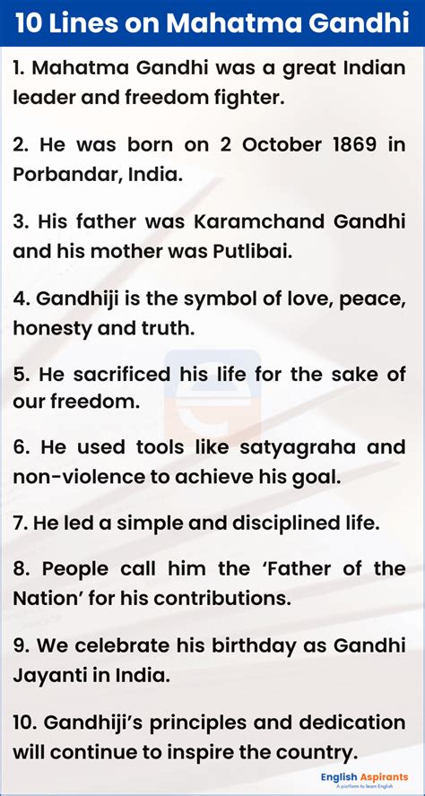 10 Lines On Mahatma Gandhi In English 2023 Englishaspirants