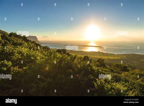 View Of Mountain Of Le Morne Brabant And Lagoon At Sunset In Mauritius