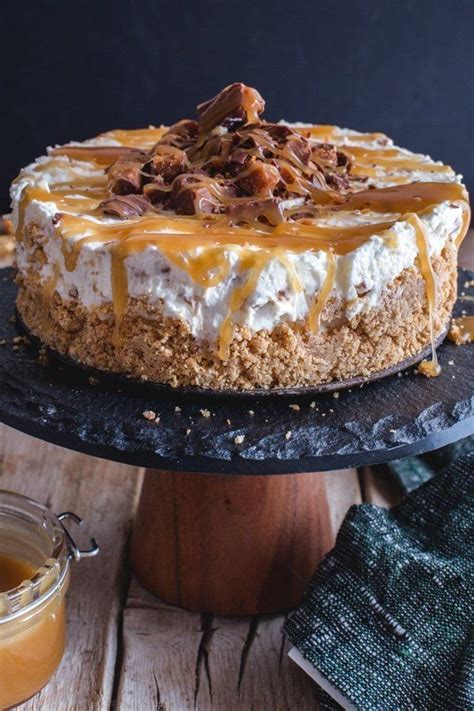 With spoonfuls of caramel and cut through top of cheesecake to swirl caramel. Toffee Caramel No-Bake Cheesecake - An Italian in my ...