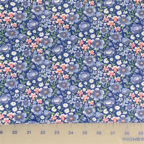 100 Cotton Blue And Pink Calico Fabric By The Yard Floral Etsy