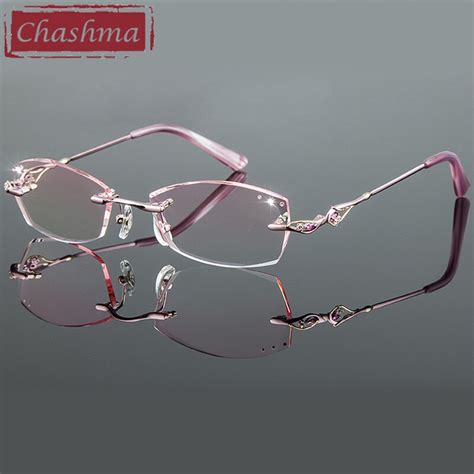 chashma titanium fashion female eye glasses diamond trimmed rimless spectacle frames women
