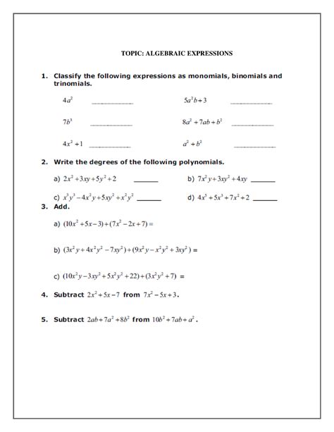 Cbse Class 8 Algebraic Expressions And Identities Worksheet Topic