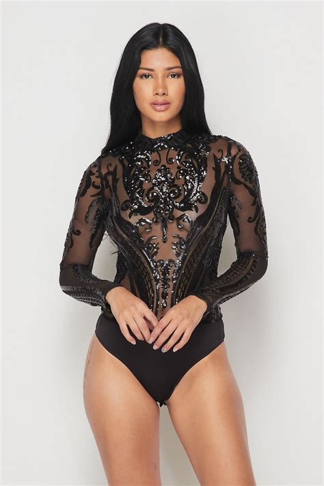 black sheer sequin embroidered bodysuit