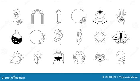 Boho Doodle Mystic Set Magic Simple Hand Drawn Logo Icons With Snake