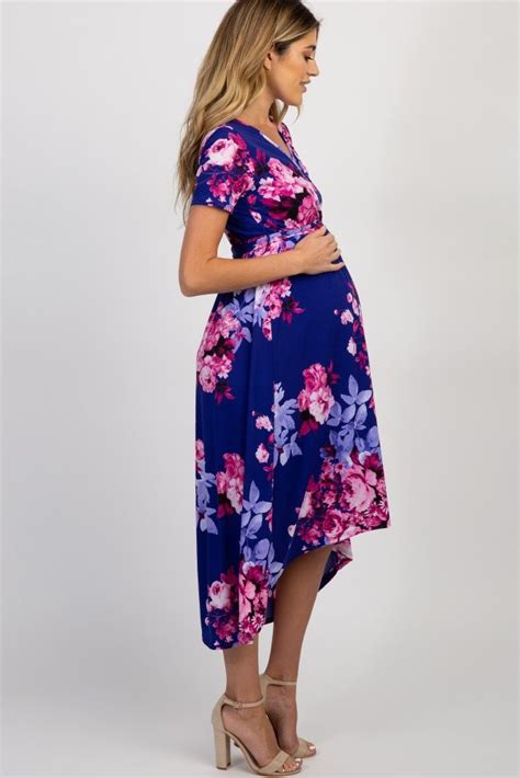 Pinkblush Royal Blue Floral Hi Low Maternity Wrap Dress In 2020 Maternity Wrap Dress Dresses