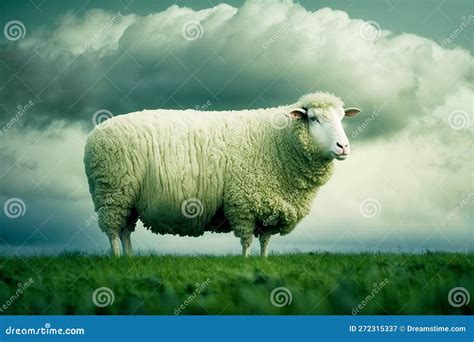 White Sheep Standing On Top Of Lush Green Field Under Cloudy Blue Sky