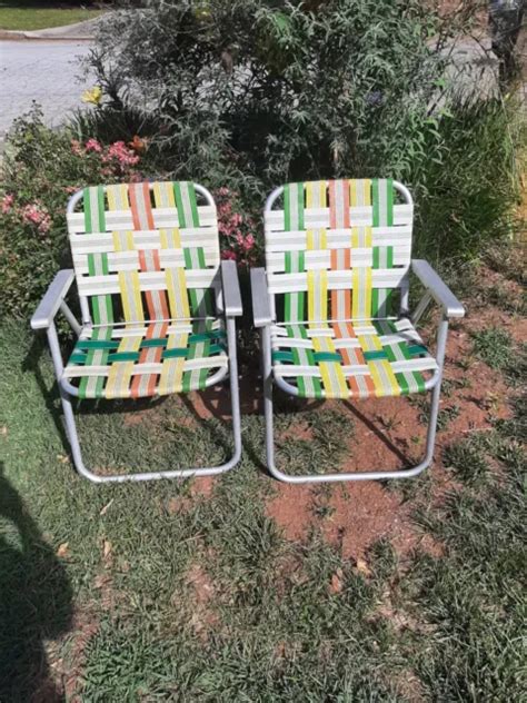 2 Webbed Vtg Glamping Lawn Chair Folding Aluminum Green Yellow Orange Camping 9000 Picclick