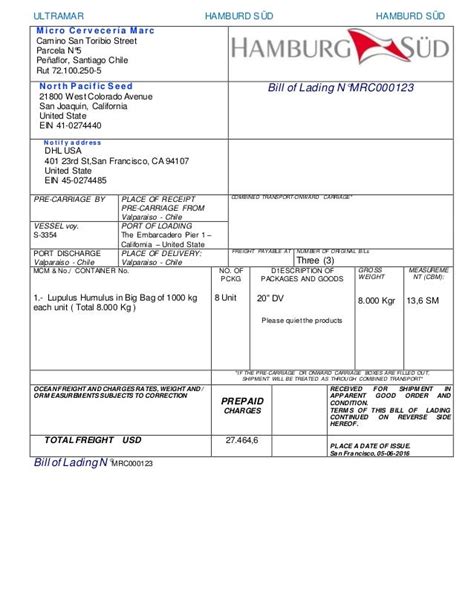 Bill Of Lading Sample Incoterms Bill Of Lading Invoice Template
