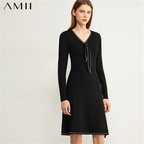 Amii Minimalism Autumn Winter Dresses For Women Fashion Temperament Bow Neck Slim Fit Knee