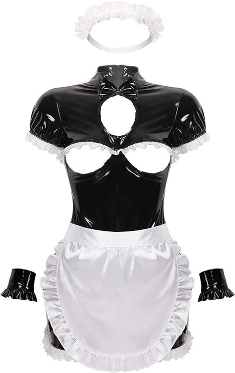 Yizyif Women Sexy Maid Dress Wet Look Cupless Lingerie Set Adult Role Play Apron