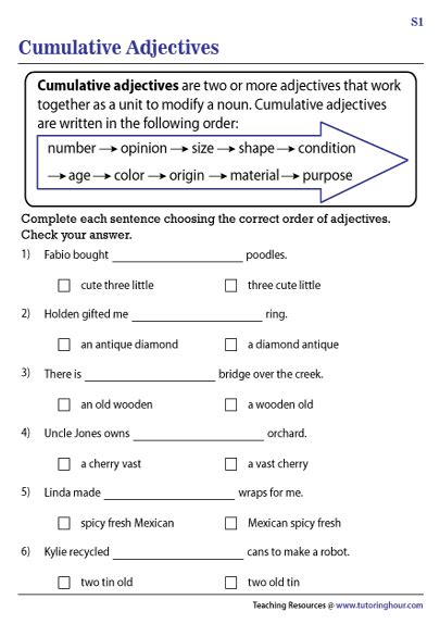 Cumulative Adjectives Worksheet With Answers Adjectiveworksheets Net