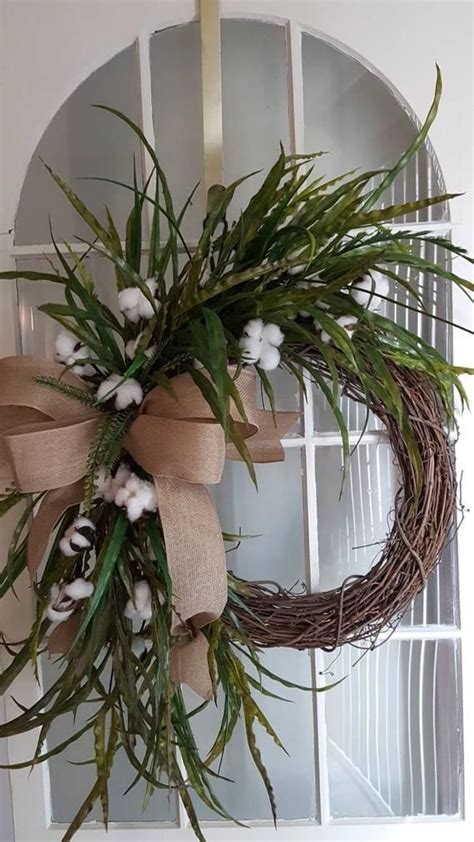 Beautiful Lush And Full Farmhouse Cotton Greenery Wreath With An