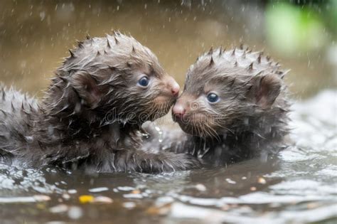 Baby Otters Playing And Wrestling In The Water Their Wet Fur