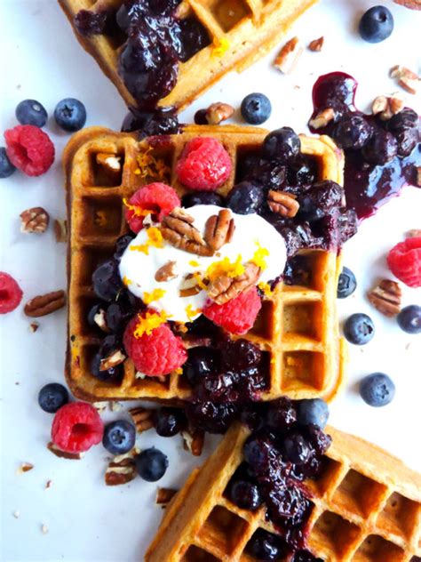 Spread the waffle fries on a rimmed baking sheet and bake, tossing once halfway through, until the fries are crisp and the edges are browned, 20 to 25 minutes (depending on the brand). Sweet Potato Waffles with Blueberry Orange Infused Syrup - Fresh Fit Kitchen