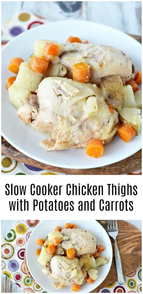 Mix chicken, onions, garlic, bay leaves, broth, salt, and pepper in a slow cooker. Slow Cooker Chicken Thighs with Potatoes and Carrots ...
