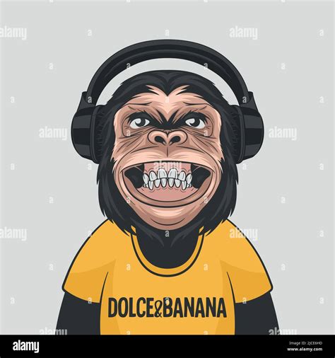 Vector Funny Smiling Chimpanzee Ape With Headphones Happy Monkey For