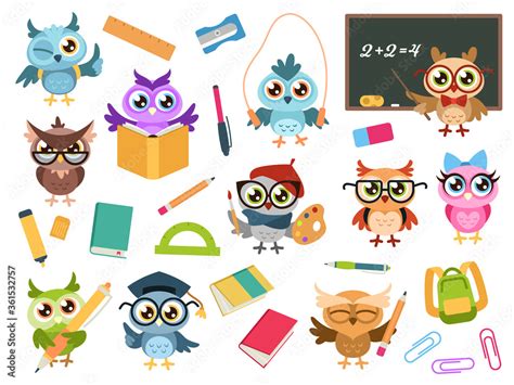 Vetor De School Owls Color Cute Birds Studying In School And Teacher