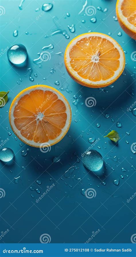 Fresh Orange Fruits With Water Drops On Blue Background Top View