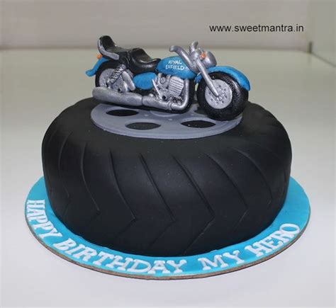 Rotate the wedge 180° then reattach it to the cake, creating a slanted surface like a mountain face on which to display the motorbike. Royal Enfield bike theme small designer 3D birthday cake ...