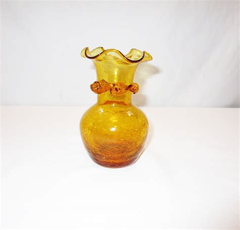 Vintage Amber Crackle Glass Vase Hand Blown Bud Vase Etsy