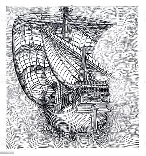 Sailing Ship 15th Century Woodcut Stock Illustration Download Image