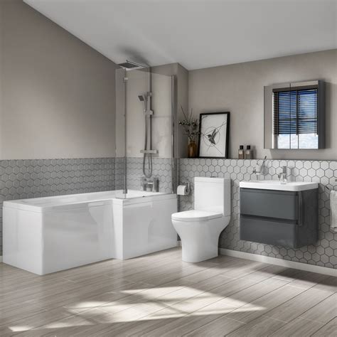 L Shaped Bath Suite With Toilet 600mm Dark Grey Wall Hung Vanity Unit
