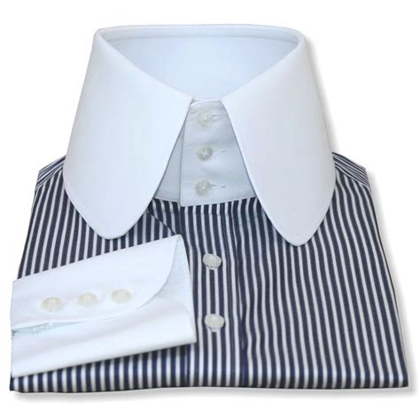 High Rounded Collar Shirt John Clothier High Rounded Navy Blue Stripes